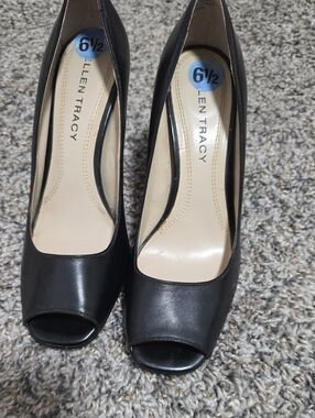 Ellen Tracy Black Leather Peep-Toe Heels
